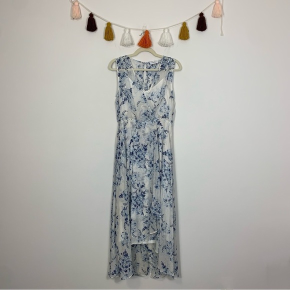 Calvin Klein High Low Midi Dress White Blue Floral Print Size 8 - Picture 1 of 12